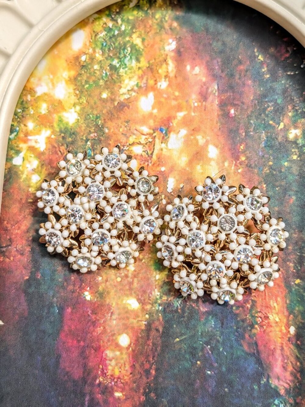1950's Gold Tone Flower Cluster clip-on Earrings with Lucite Petals & Rhinestone